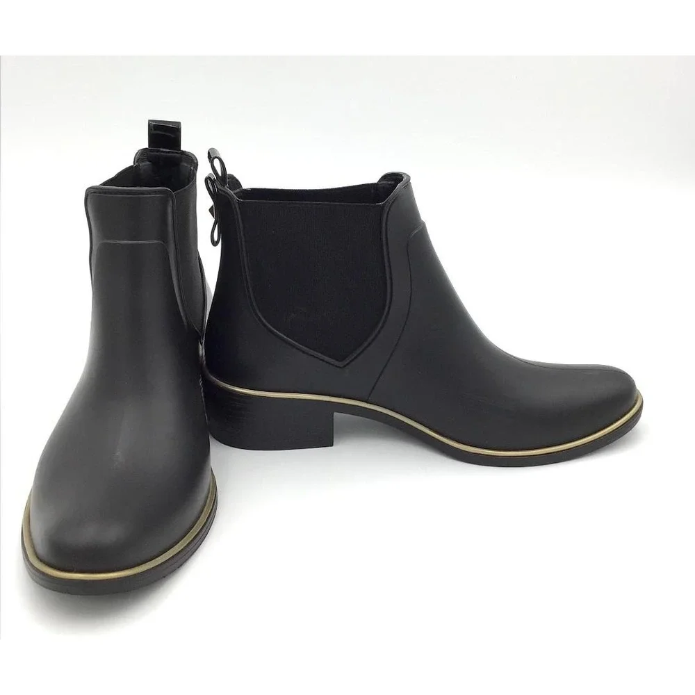 Kate Spade New York Black Rubber Chelsea Rain Boots Gold Trim Sz 10 Capsule Wear